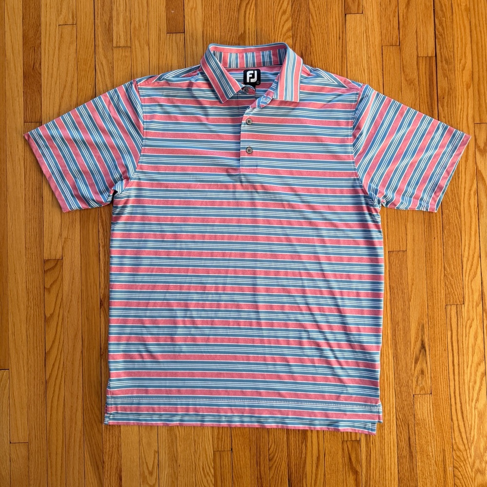FootJoy Men’s Coral Pink & Sky Blue Striped Golf Polo